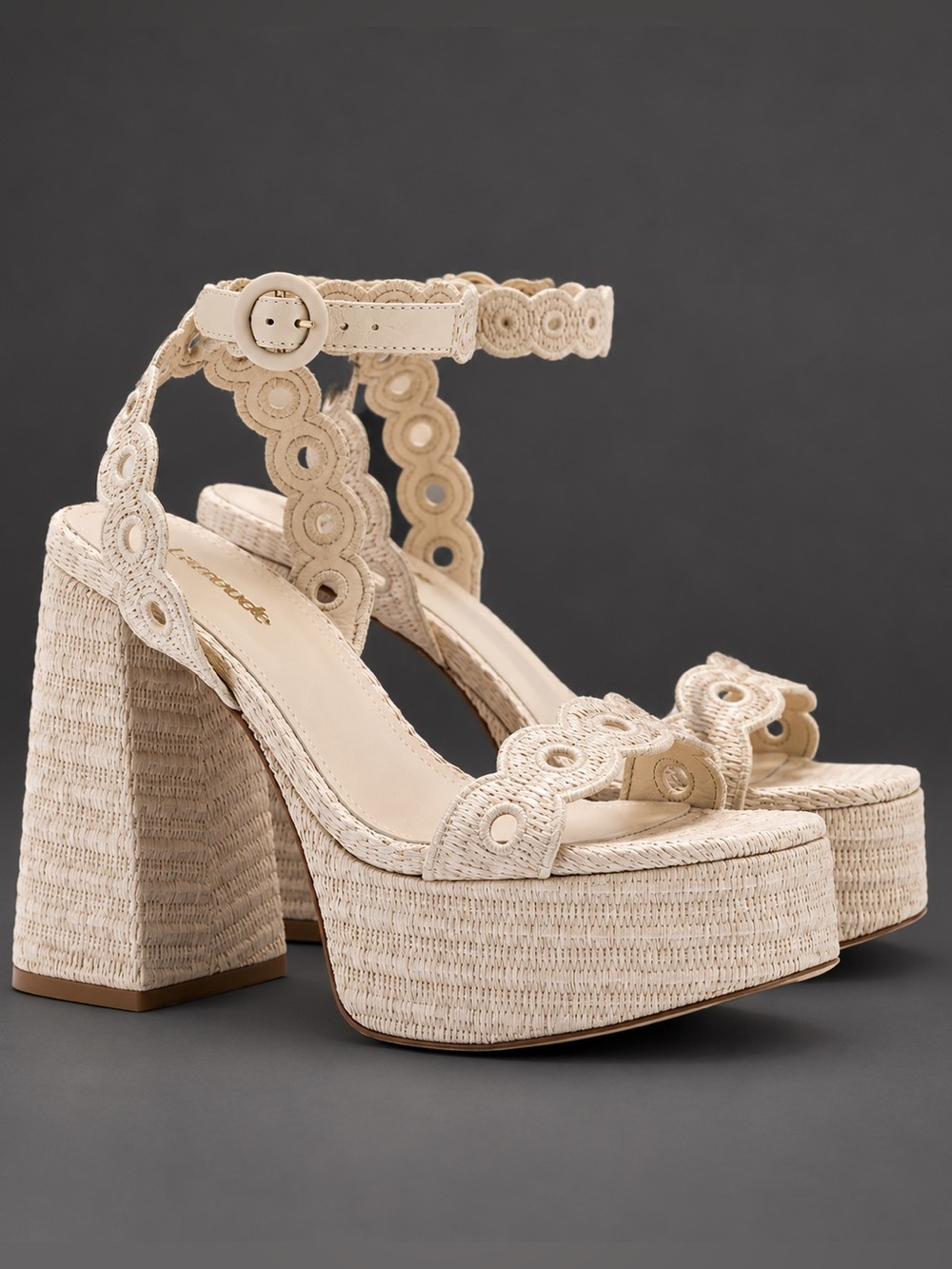 Larroude Dolly Broderie Platform Block Heel Sandal 9 Raffia Chunky NWOB